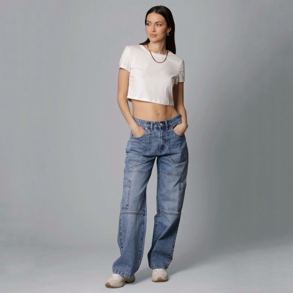 Avec Les Filles High Rise Wide Leg Cargo Utility Jeans Rigid Denim Cavern 28